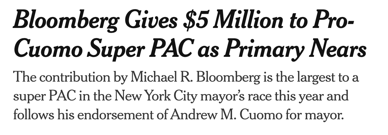 Bloomberg gives $5 million to Pro-CUomo Super PAC as primary nears