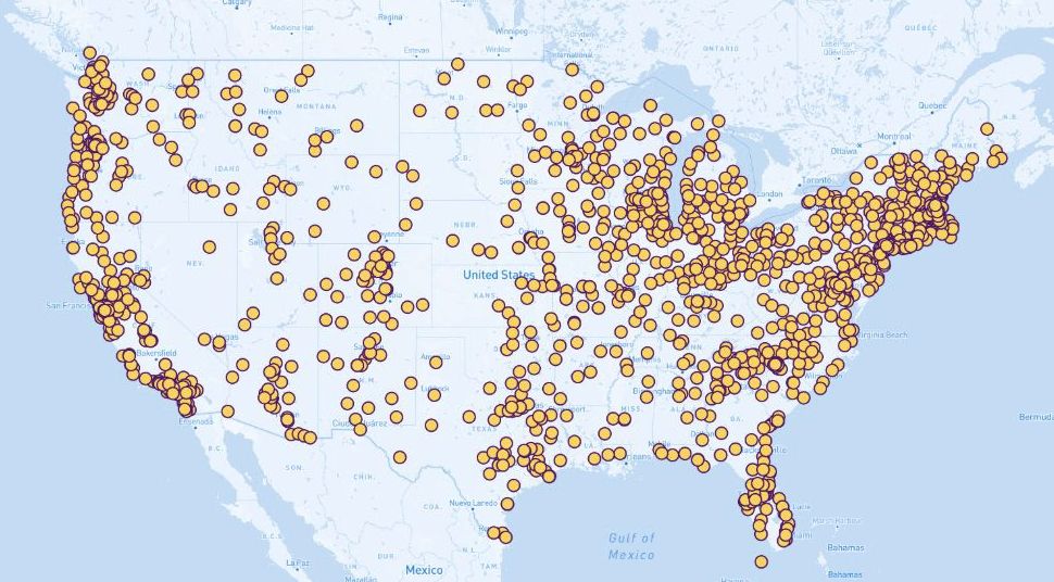 A screenshot of a map of the U.S. with the locations of different protests and marches planned for today.