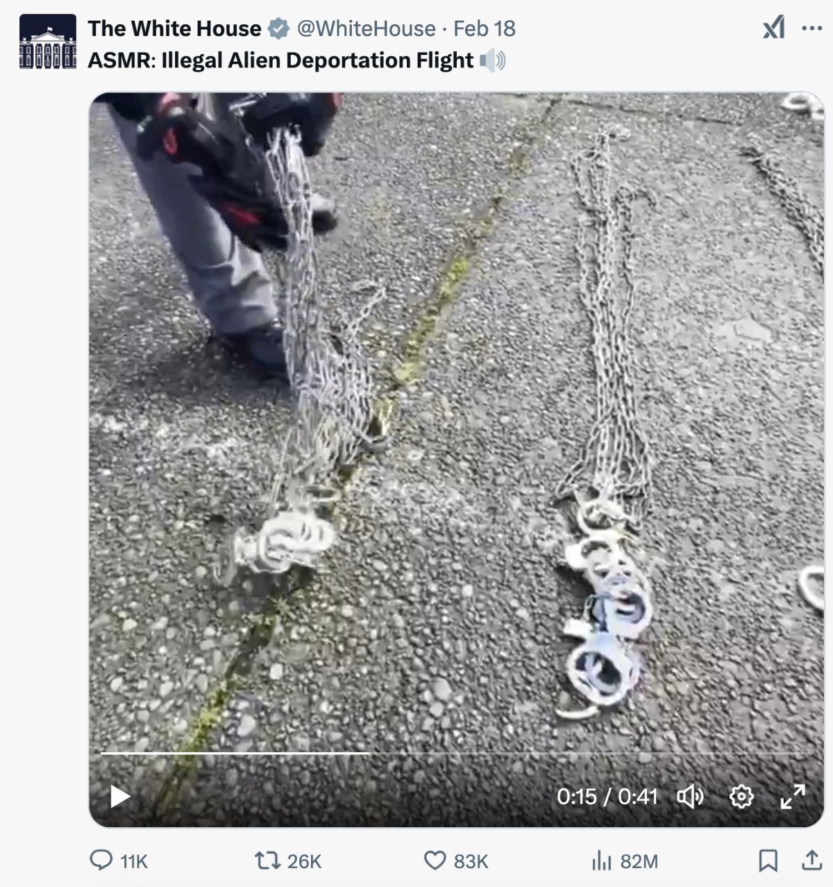 A screenshot from the official White House Twitter showing a video of the Trump administration's cruel spin on the ASMR genre.